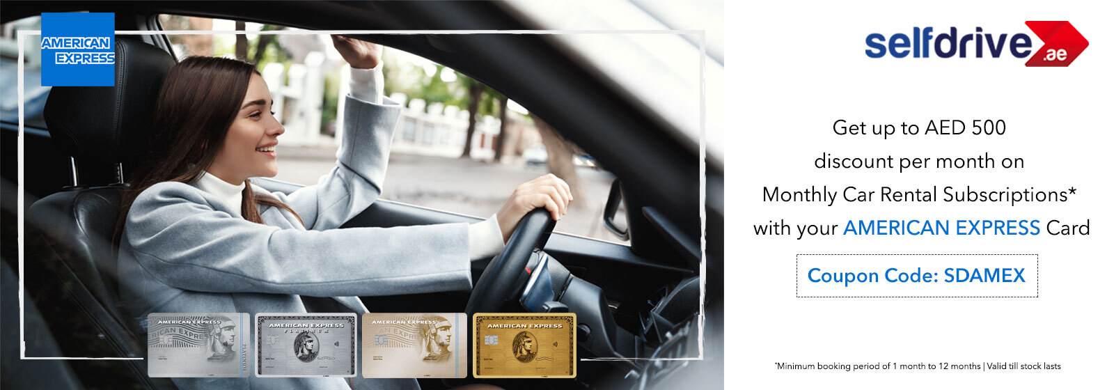 AMEX offers on Monthly Car Rental | Get upto AED 500 discount per month on Car  Rental Subscriptions* on all American Express Credit Cards | AMEX Rent a car  Discount