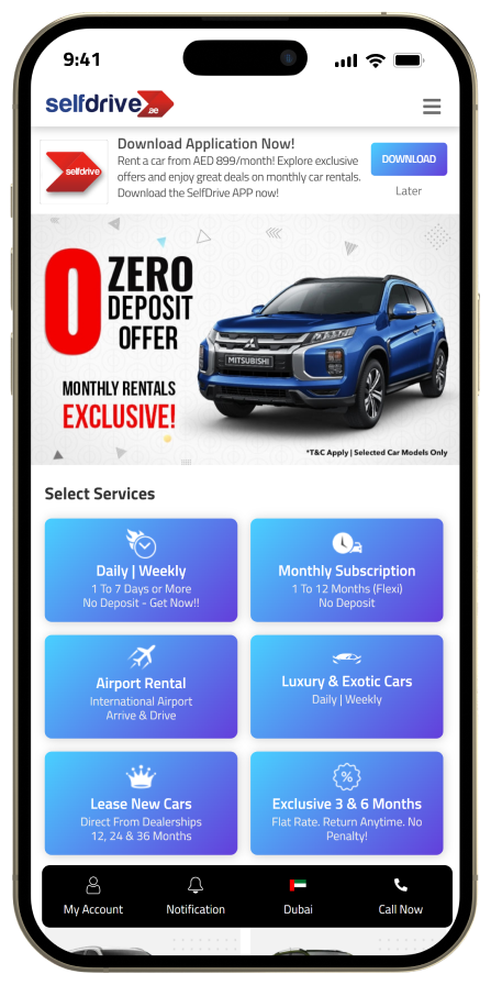 A cell phone showing a SelfDrive car rental application with offers and booking options