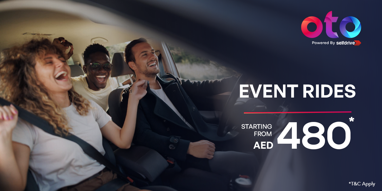 Three Friends enjoying in car using event rides feauture which starting from AED 480