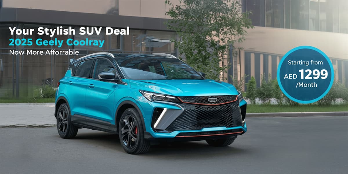 Blue Stylish Geely Coolray SUV standing in front of building, highlighting the starting price from AED 1299/month 