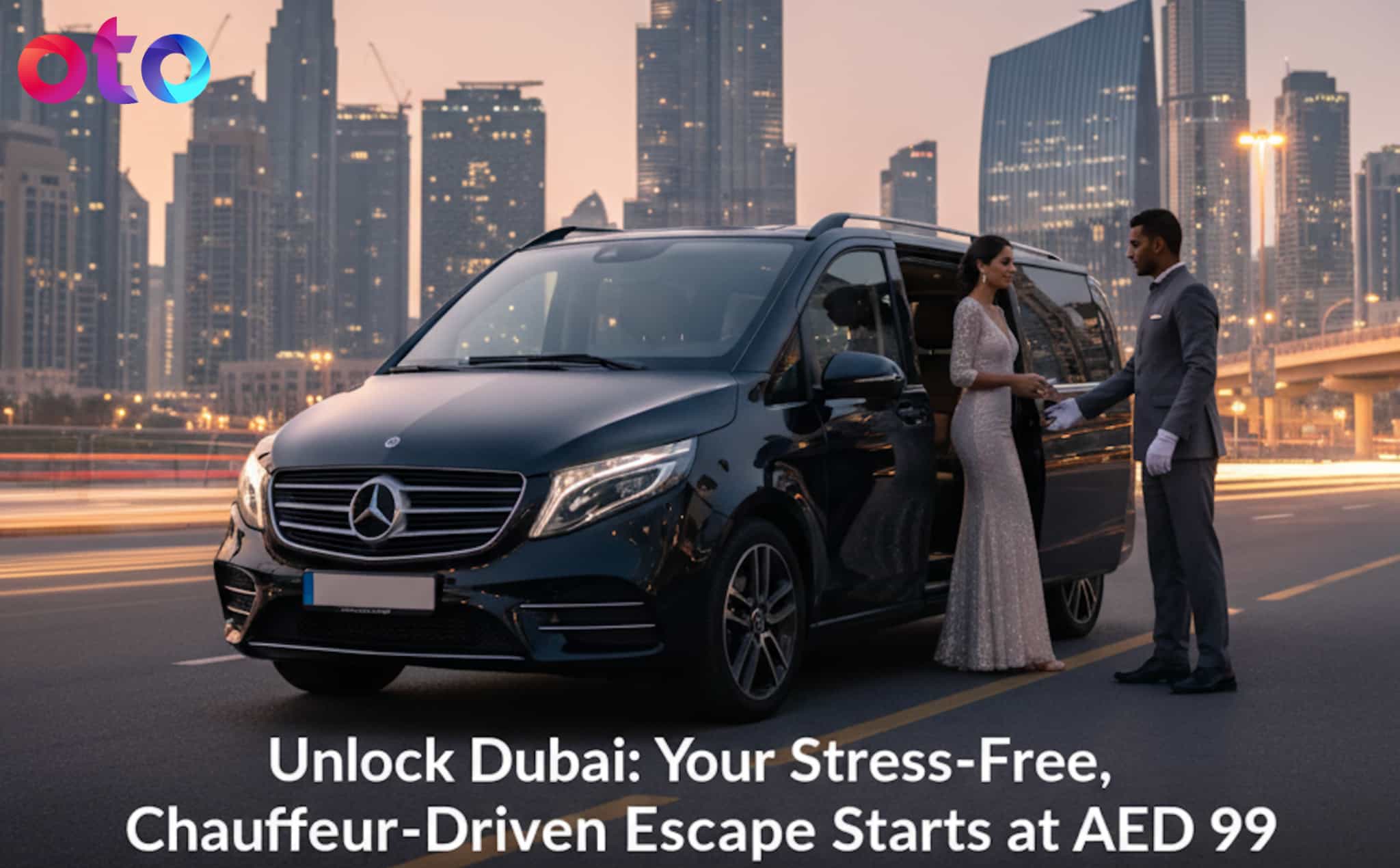 Experiencing a luxury Mercedes car escape in Dubai, chauffeur-driven, starting at AED 99 for an unforgettable journey.