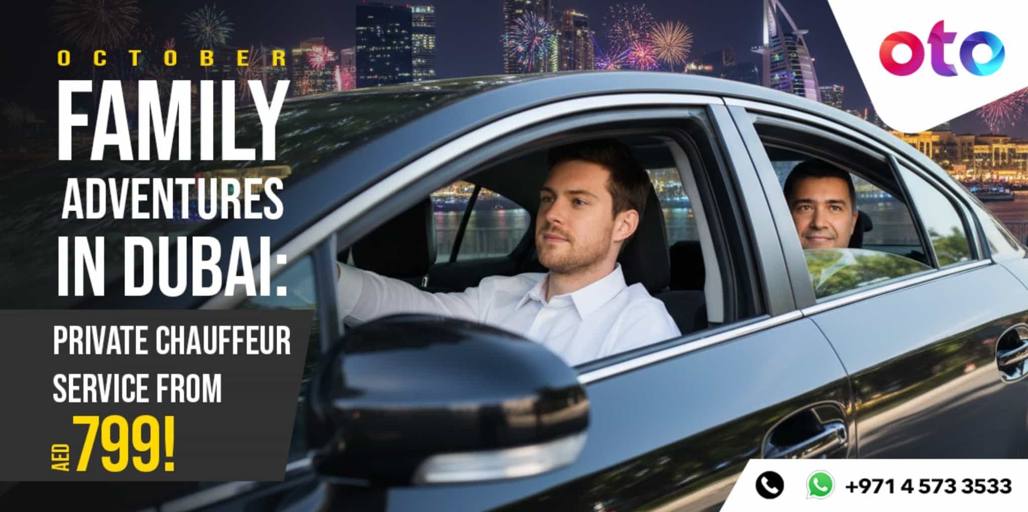 A guy driving black car, man sitting behind enjoying the outside view, displaying the october family adventures in dubai private chauffeur service from AED 799!