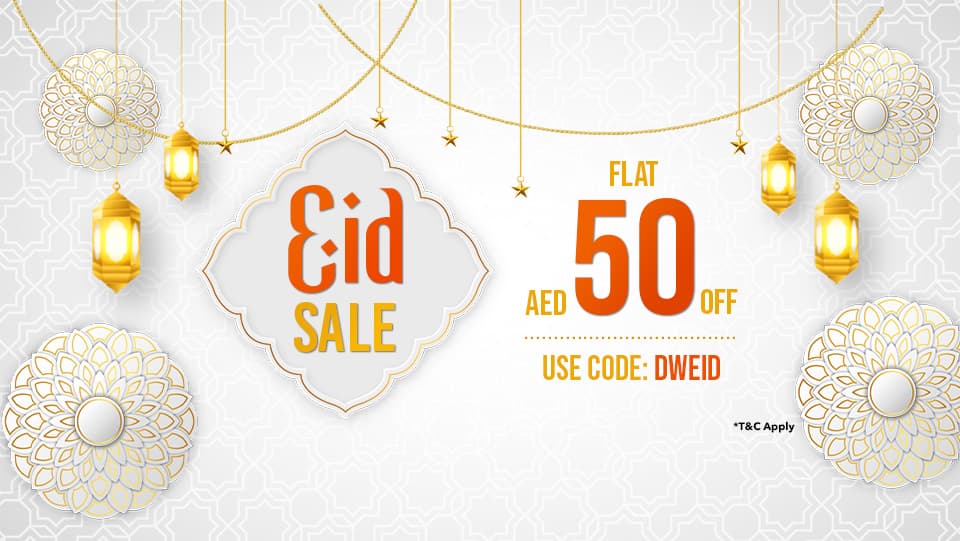 Eid sale banner featuring 50% off on all products, with vibrant colors and festive design elements.