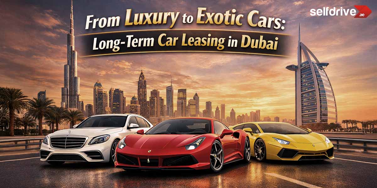 Three luxury cars—white, red, and yellow—parked on a road with a Dubai skyline at sunset. Text reads: 'From Luxury to Exotic Cars: Long-Term Car Leasing in Dubai.
