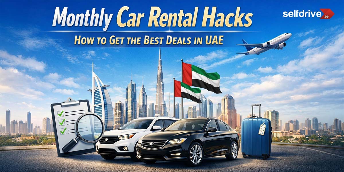 Alt text: "Advertisement titled 'Monthly Car Rental Hacks: How to Get the Best Deals in UAE' featuring two cars, a checklist, UAE flag, suitcase, and a plane over a city skyline."
