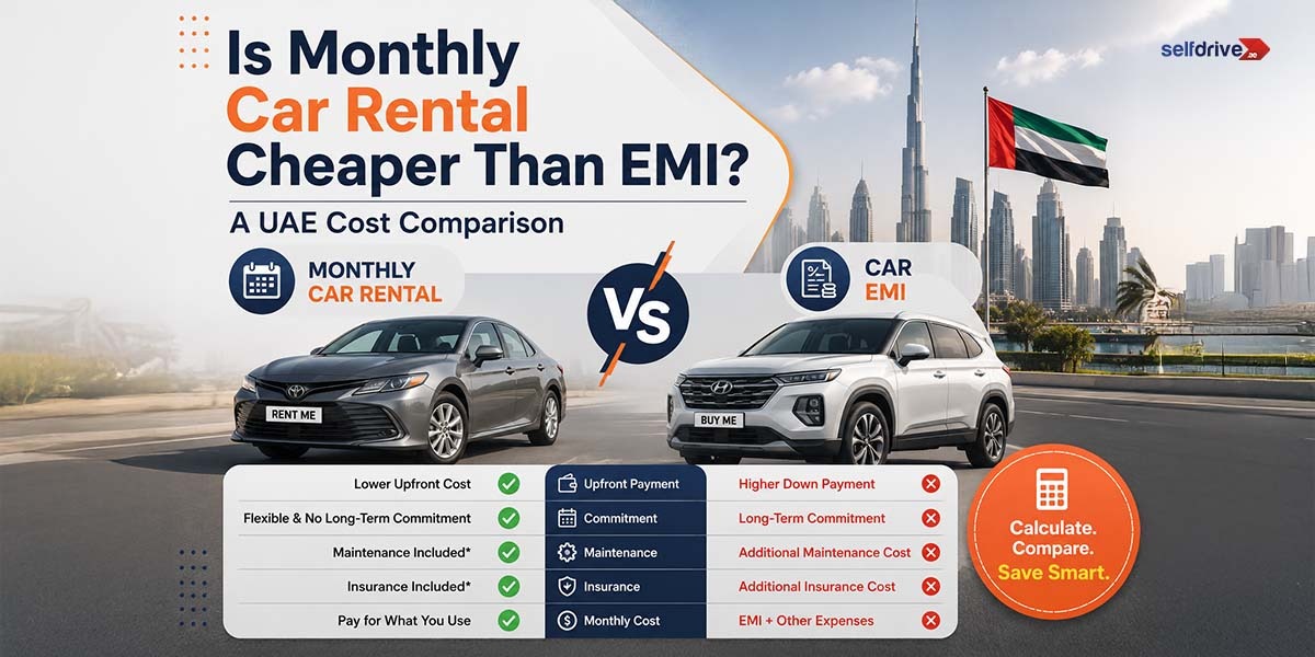 Comparison of monthly car rental costs versus EMI payments for vehicle financing.