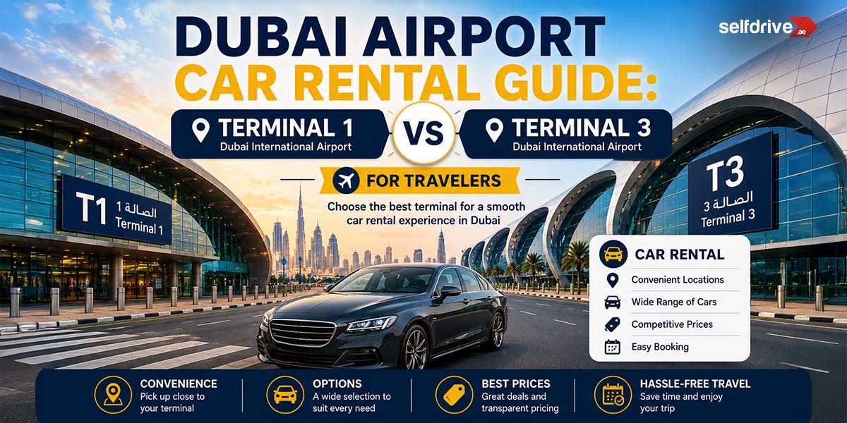 Dubai Airport Car Rental Guide featuring terminals 1 and 3. A black car is parked in front of modern airport architecture. Icons highlight convenience, options, best prices, and hassle-free travel with bright, informative graphics.