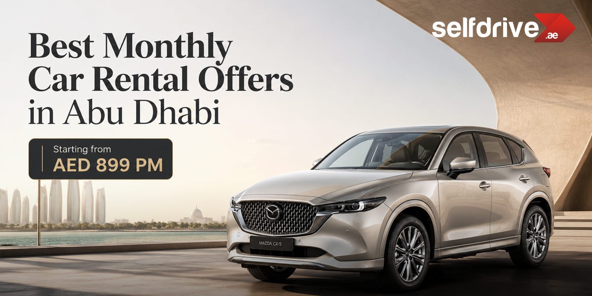Abu Dhabi skyline infront Mazda CX-5, rental offers from SelfDrive