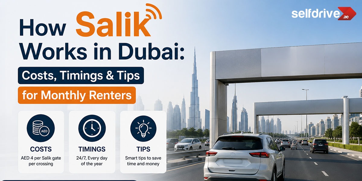 Infographic explaining how Salik works in Dubai for monthly renters, covering toll costs, timings, and money-saving tips. Features Dubai's skyline with the Burj Khalifa, Salik toll gates, cars on Sheikh Zayed Road, and icons highlighting AED 4 per Salik gate, 24/7 operation, and smart travel tips. SelfDrive.ae branding appears in the top-right corner.