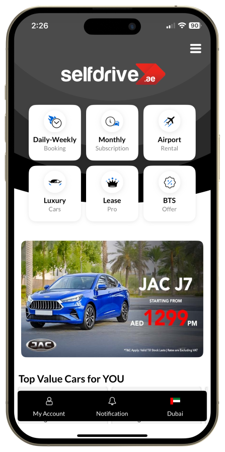 A cell phone showing a SelfDrive UAE car rental application with offers and booking options