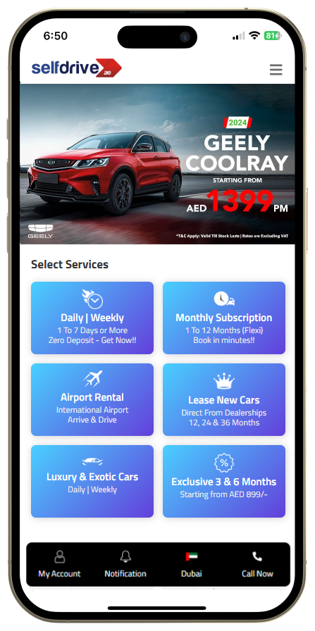 A cell phone showing a SelfDrive UAE car rental application with offers and booking options
